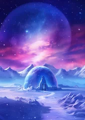 Ingelijste posters Igloo ice hotel on a snowy plain with aurora borealis during magic winter night. Generative Ai. © annamaria