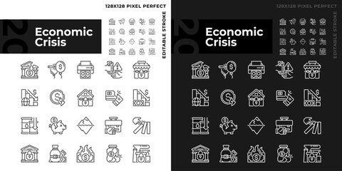 Fototapeta premium 2D pixel perfect black icons set representing economic crisis, editable thin line illustration.
