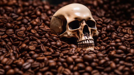 A human skull on a background of coffee beans can be seen as a symbol of the irreparable harm caused by excessive caffeine consumption and humanity's addiction to coffee