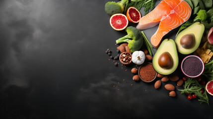 Keto diet main foods on a dark background with copy space - obrazy, fototapety, plakaty
