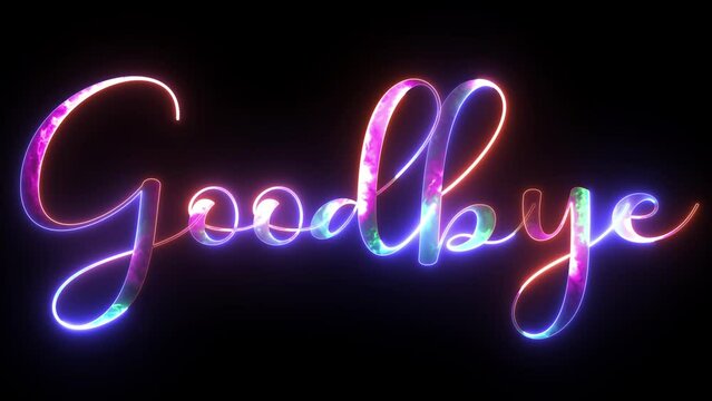 Neon text Goodbye, lettering. Glowing blue and purple neon word Goodbye. Glowing alphabet with letters