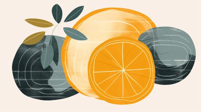 Orange fruit in naive art style illustrations on beige background
