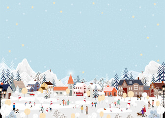 Christmas Background,Winter Village landscape People Celebrating on Christmas,New Year 2024 City Night Sky with Snow people playing ice skate in the park,Vector Xmas banner Winter wonderland
