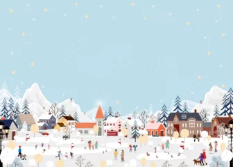 Rolgordijnen Christmas Background,Winter Village landscape People Celebrating on Christmas,New Year 2024 City Night Sky with Snow people playing ice skate in the park,Vector Xmas banner Winter wonderland © Anchalee