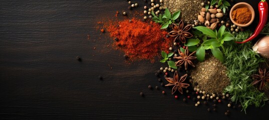Colorful assortment of cooking spices on culinary background with copy space, top view