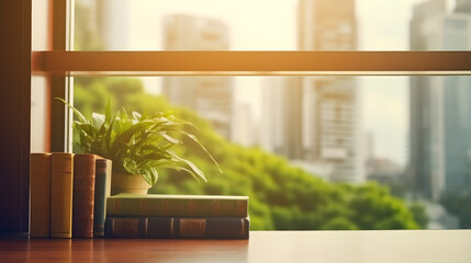 Serene Office Window View with Books and Plant