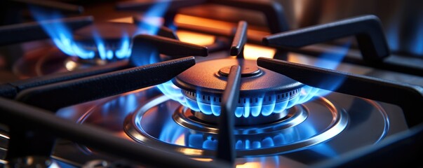 Detail view on kitchen gas cooker with blue flame on while cooking, banner panorama. Generative Ai. - obrazy, fototapety, plakaty