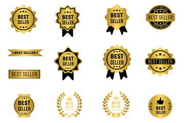Set of best seller golden label badges, best seller gold banner emblem - obrazy, fototapety, plakaty
