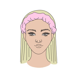 contour drawing of a woman's face with a bandage on her head. concept of blonde Caucasian woman with gray eyes before home beauty treatments