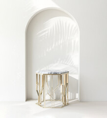 Marble, gold podium table in sunlight, palm tree leaf shadow on wall arch for interior design...