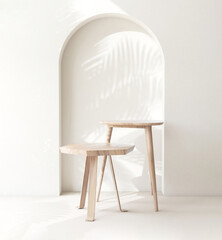 Two wooden podium table in sunlight, palm tree leaf shadow on wall arch for interior design...