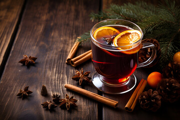 Glasses of delicious mulled red wine and ingredients on rustic wooden background
