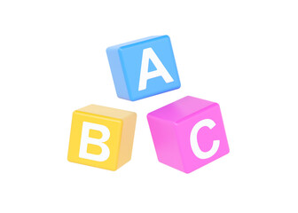 3d toy abc cubes for kids, alphabet block for play. Child colorful box render illustration, preschool education squares