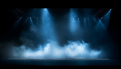 Illuminated stage with scenic lights and smoke, ai art illustrations