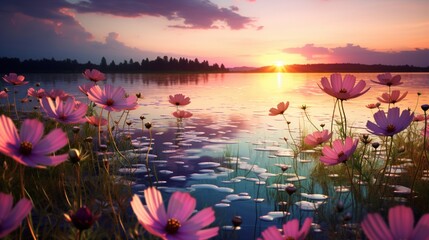Tranquil Sunset over a Colorful Field of Blooming Flowers generated by AI tool