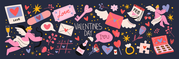 Cartoon stickers for St. Valentine's Day on February 14 in retro 90s style. Romantic elements, love envelope, hearts,love, gifts. Vector shapes big set.
