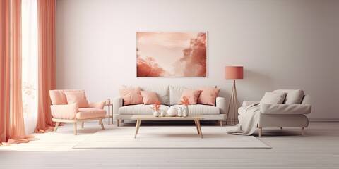 warmth and elegance with this enchanting living room in a captivating peach fuzz color theme - obrazy, fototapety, plakaty