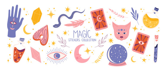 Cartoon set of stickers of magic and witchcraft. 90s wild magic design. botanical elements,skull,cards,hand,eye,potion. Halloween set	