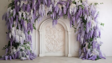 the elegance of cascading wisteria, its lilac blossoms draping gracefully on a clean white surface,...