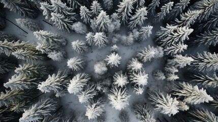 Wonderful winter forest pine trees aerial top view