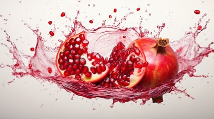 the elegance of freshly squeezed pomegranate juice drizzling onto a clean white canvas, forming a visually striking and vibrant juice art composition.