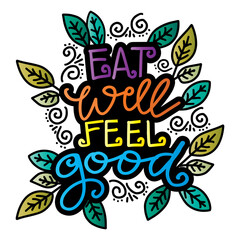 Eat Well Feel Good. Inspirational quote. Motivational background.
