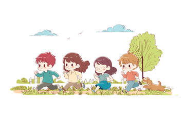Obraz na płótnie Canvas group of happy children running to the river to swim. vector illustration