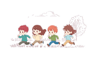 group of happy children running to the river to swim. vector illustration