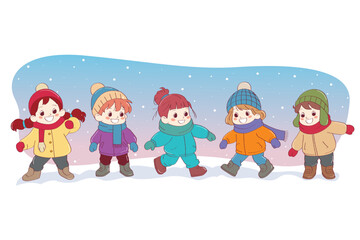 Children are engaged in winter activities on the street on a white background. Sledding, skating, playing snowballs, walking. Vector illustration for designs, prints and patterns. Vector illustration
