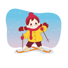 Cute girl skiing vector illustration. Cartoon isolated kid with skiers gear and accessories standing, happy child