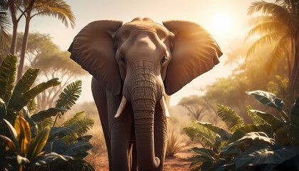 A majestic indian elephant stands tall in the lush jungle, its powerful presence captured in a vibrant painting