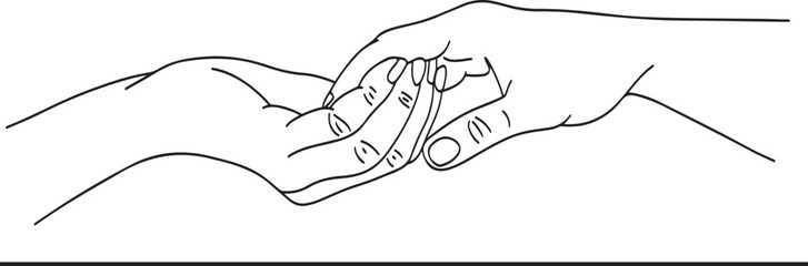 Cartoon sketch of two hands coming together in a gesture, Illustration of hands in a thin line drawing forming a gesture