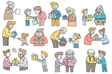 people giving gifts to each other concept. Couple bouquet, happy woman get gift. Young old men with valentine day or birthday present, romantic vector illustration