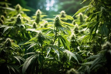 Blooming cannabis plant, medical marijuana. Concept of herbal alternative medicine.