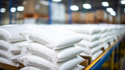 Stack of white bag in the warehouse. Large sacks of grain are stacked in the warehouse.
