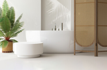 White side table by bathtub, tropical palm tree, wooden rattan partition in luxury design bathroom...