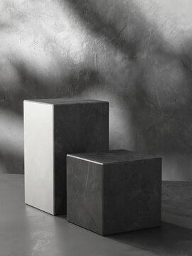 Two modern black cuboid stone rock podium, geometric pedestal on gray counter. Luxury cosmetic, skincare, beauty, body, hair care, treatment, fashion product display background 3D