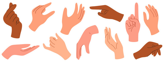 Set of hands in doodle style human arms. Vector different man woman hands showing peace sign, heart, thumbup isolated on the white background