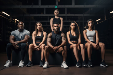 Group of diverse young fit people in sportswear sitting at sports hall.