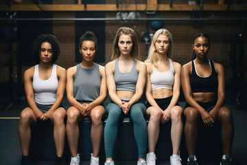 Group of diverse sporty girls sitting at sports hall. - Powered by Adobe