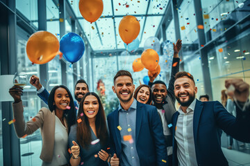 Group of young confident successful business people with balloons celebrating achievement. Business event or party at office hall. - Powered by Adobe