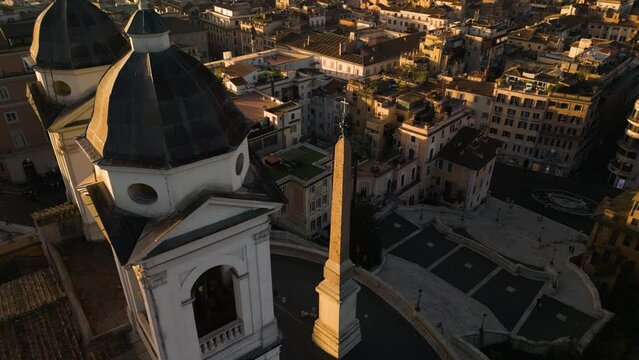 Cinematic Orbiting Drone Shot Above Trinita dei Monti, Spanish Steps. Piazza di Spagna. Rome, Italy