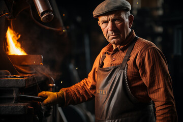 Industrial Craftsmanship: Mature Blacksmith with Tools, Experienced Metalworker in Action