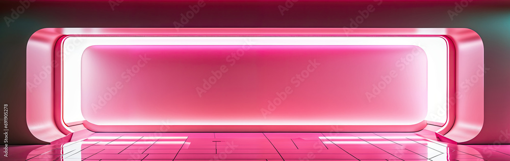 Poster empty horizontal rectangular niche in the wall with pink lighting