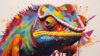  a stunning chameleon, its ability to change colors and unique appearance brought to life through vibrant brushstrokes on a clean white canvas, 