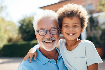 Obraz premium An image of a grandfather and grandson spending time together in the park, expressing happiness and joy in the intergenerational bond.