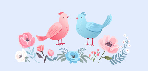Horizontal border with pastel spring flowers and birds. Spring tender flowers border. Folk motif, greeting card, header for website