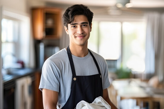 A confident and happy young man, dressed in a uniform and apron, is depicted in a kitchen setting.