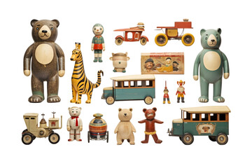 collection of vintage toys isolated on white background. Generative AI.