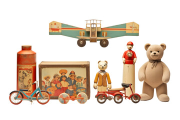 collection of vintage toys isolated on white background. Generative AI.